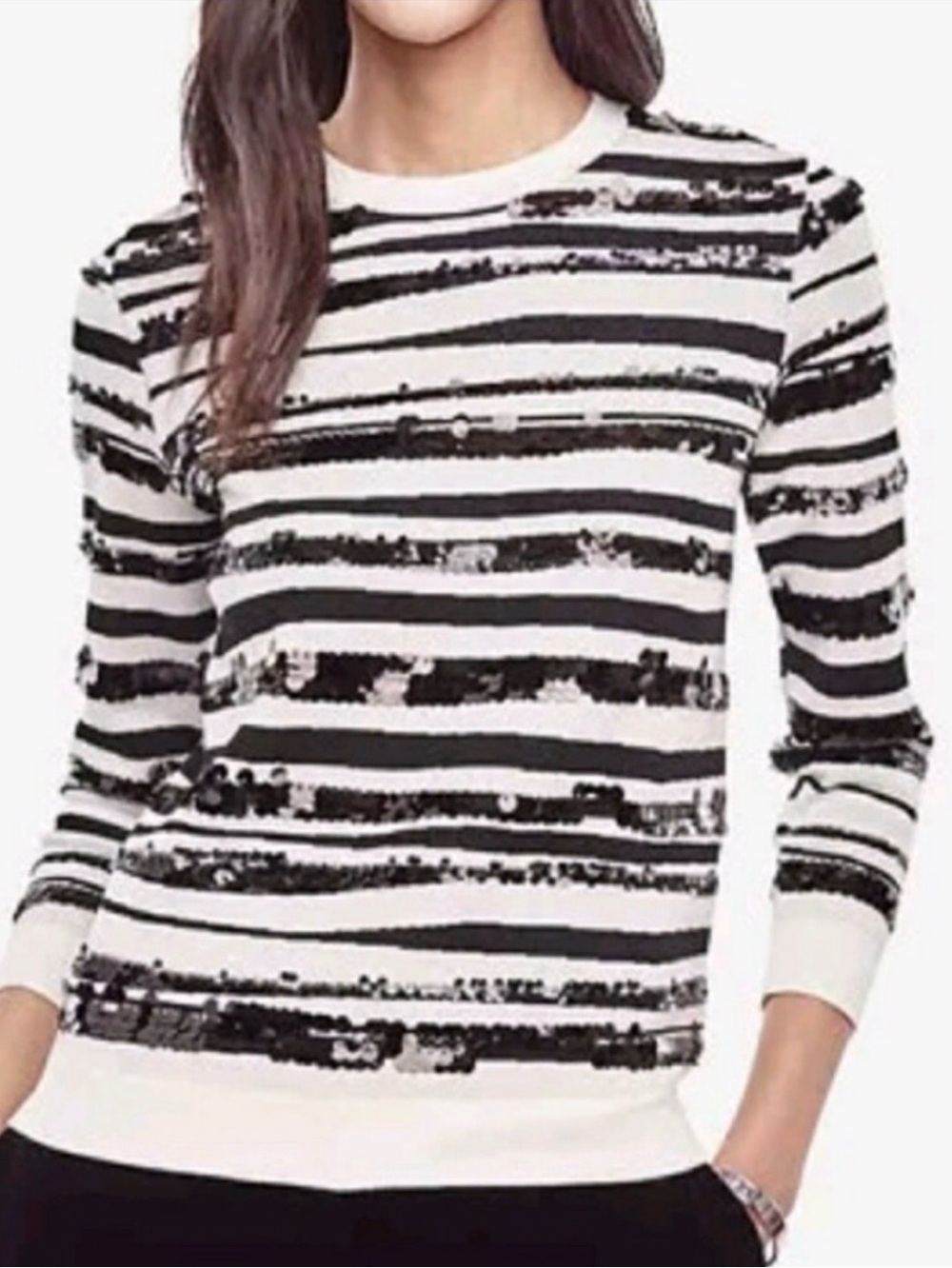 NWT💕Ann Taylor Sequin Striped Knit Top,  Ivory Black | Sz M